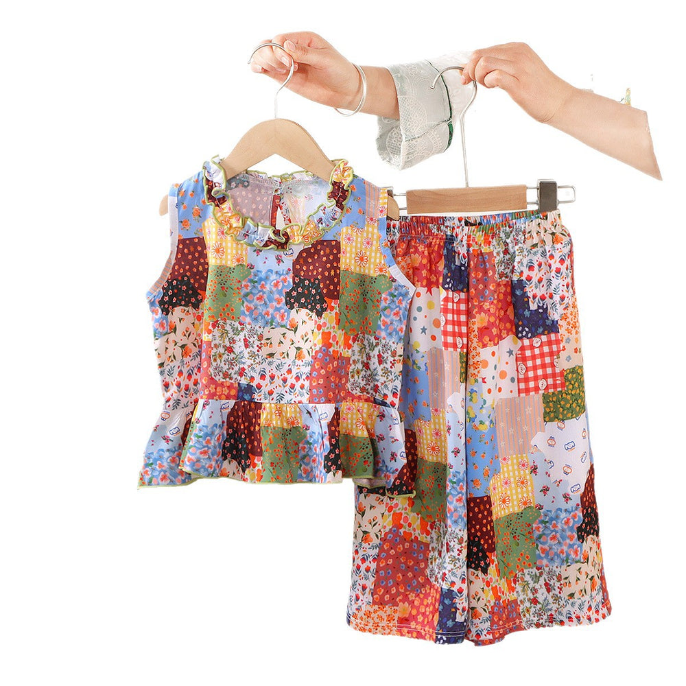 Kids' lace-trimmed skirt and pants set pajamas - new summer styles for lounging and strolling - girls' sleeveless outfit - cross-border e-commerce