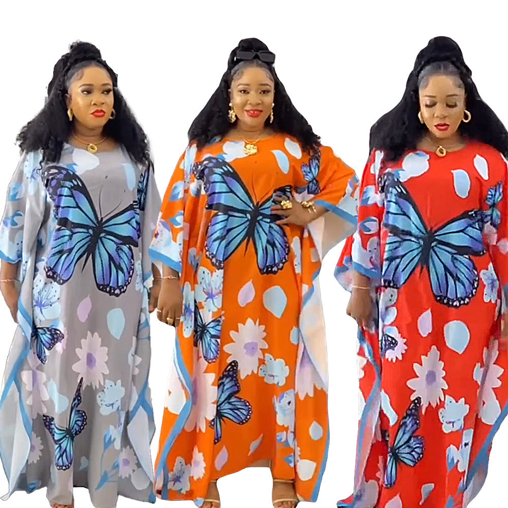 African batwing sleeve robe -  &  women's clothing - loose fit plus size printed chiffon dress