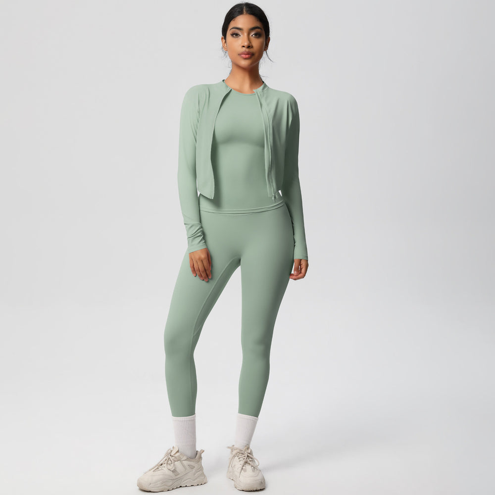 European and american nude feel solid color slim-fit top, jacket, and yoga outfit - quick-dry activewear three-piece set for outdoor leisure, running, and fitness
