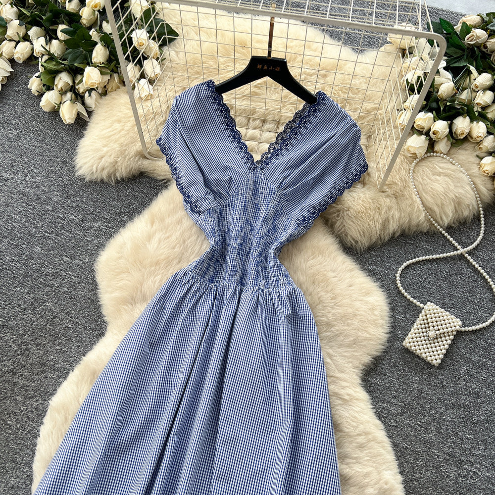 K-stylework clothingv neck short-sleeved lacepatchworkgrids pattern dress women's summer pure desire stylehigh waista lineelegant long skirt
