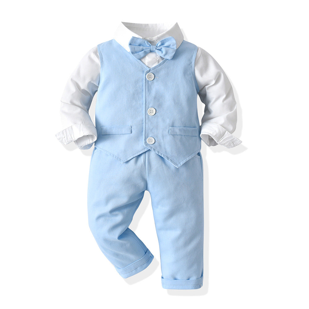 Wholesale branded children's clothing: spring/autumn boys' gentleman's suit, shirt, and vest three-piece set – stylish and fashionable for boys