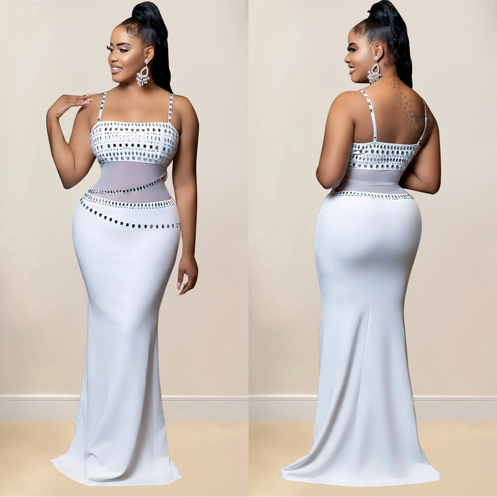 C6989 cross-border   independent station fashionable women's hot diamond mesh dress long skirt new