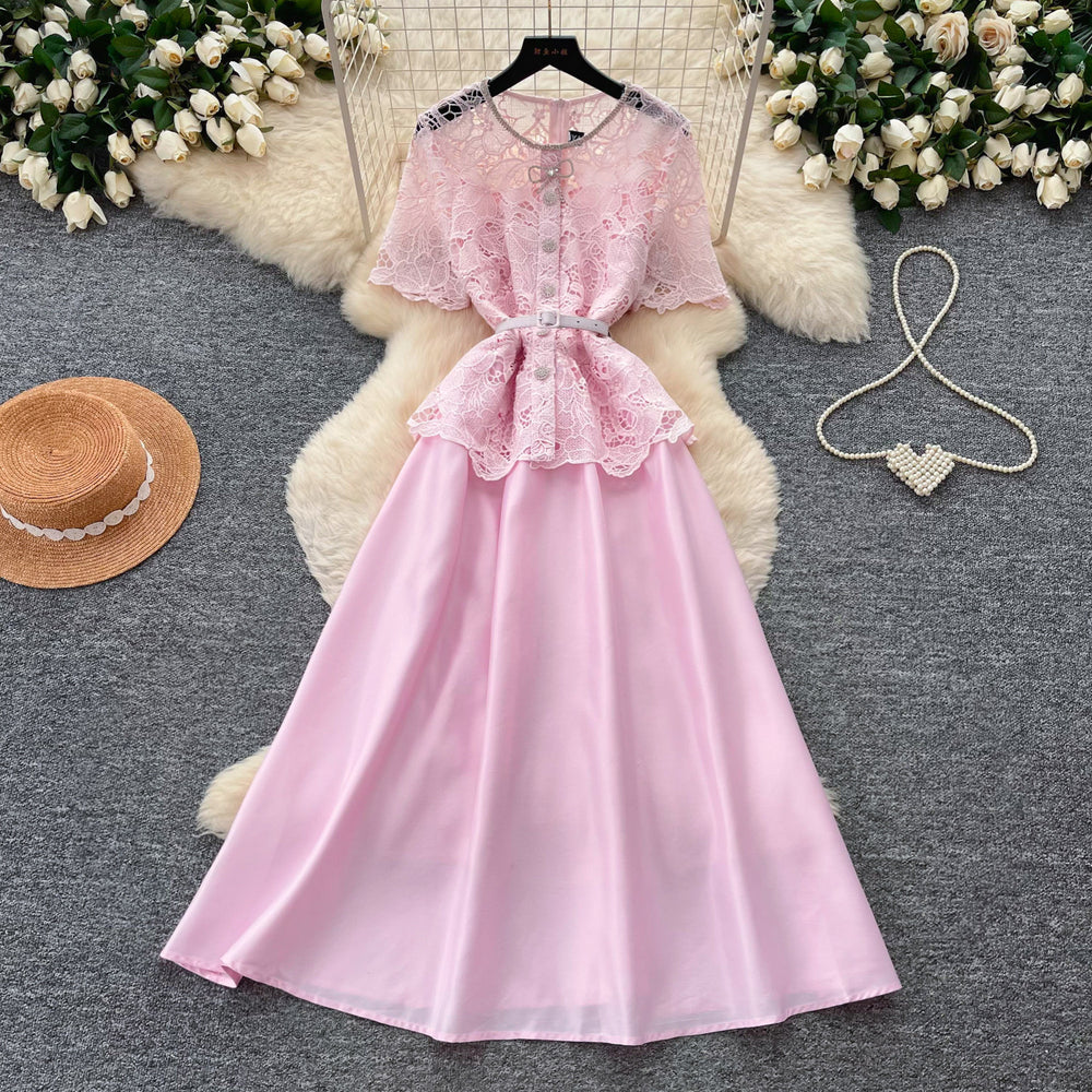 Elegant pink lace cutout patchwork satin a-line dress - slimming, chic, and perfect for summer workwear