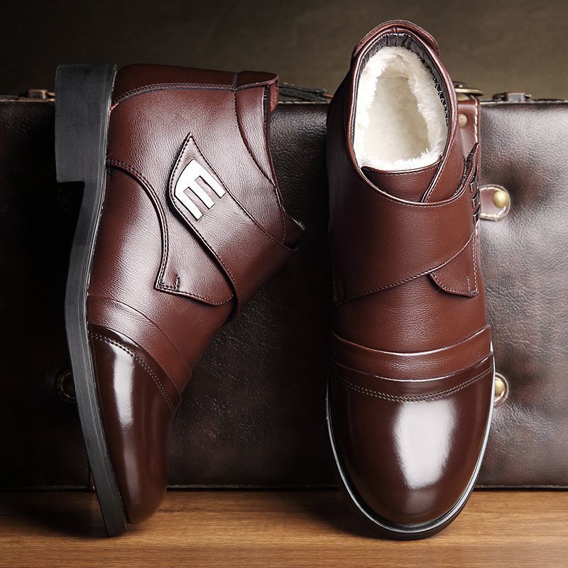 【factory direct】soft leather men's winter cotton shoes, fleece-lined casual soft leather snow boots, thickened fleece high-top leather shoes