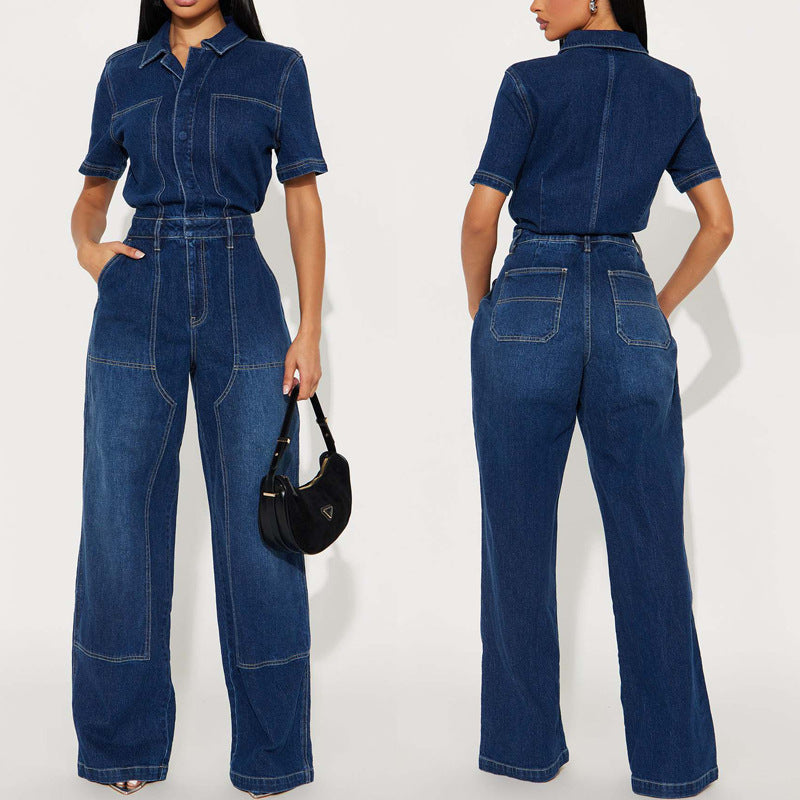 Fashion jumpsuit women's new arrival hot selling dark blue fashionableelegant jumpsuit denim pants washed stretch jumpsuit