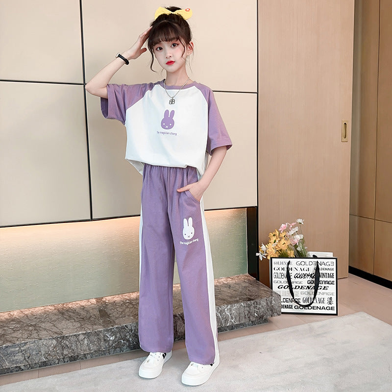 Girls' summer casual outfit set,  new fashionable and stylish children's clothing, middle and big kids' short-sleeve sports two-piece set