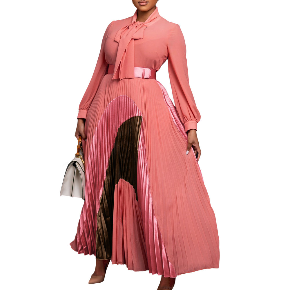 D547 european and american plus size women's clothing  autumn new arrival tie-waist pleated long sleeve color block elegant cross-border dress