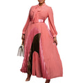 D547 european and american plus size women's clothing  autumn new arrival tie-waist pleated long sleeve color block elegant cross-border dress