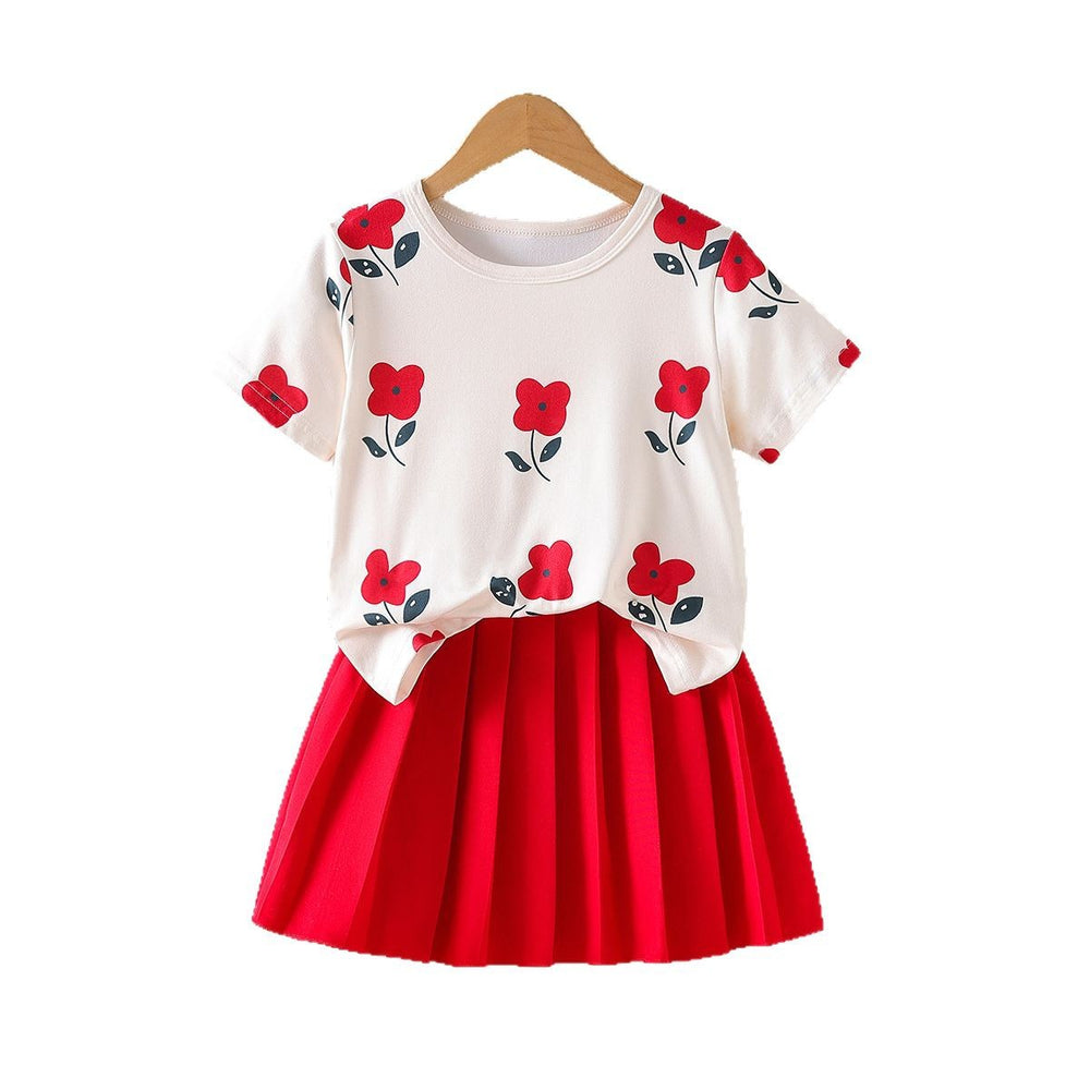girls' short-sleeve outfit: summer floral print crewneck top and red pleated skirt two-piece set for kids