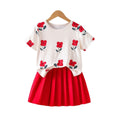 girls' short-sleeve outfit: summer floral print crewneck top and red pleated skirt two-piece set for kids