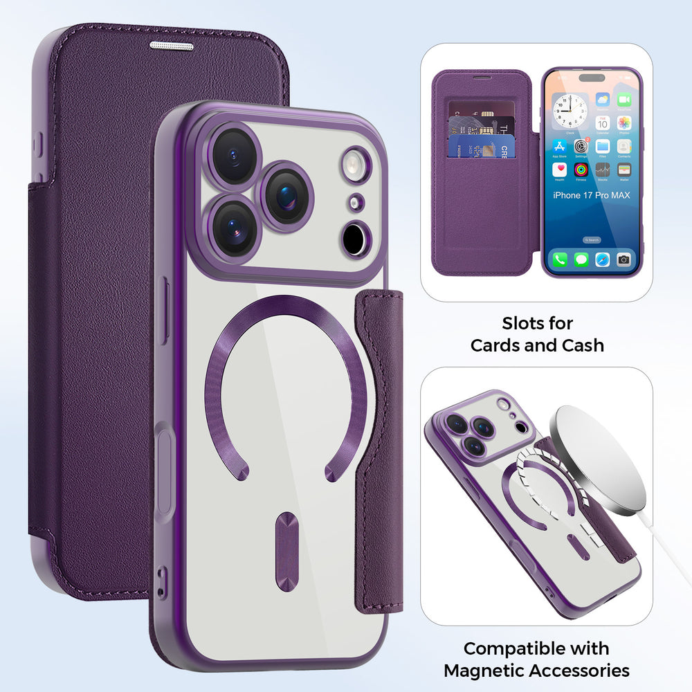 Premium gold shield magnetic leather case for iphone 17 pro max, apple 16 flip cover, full coverage, drop protection