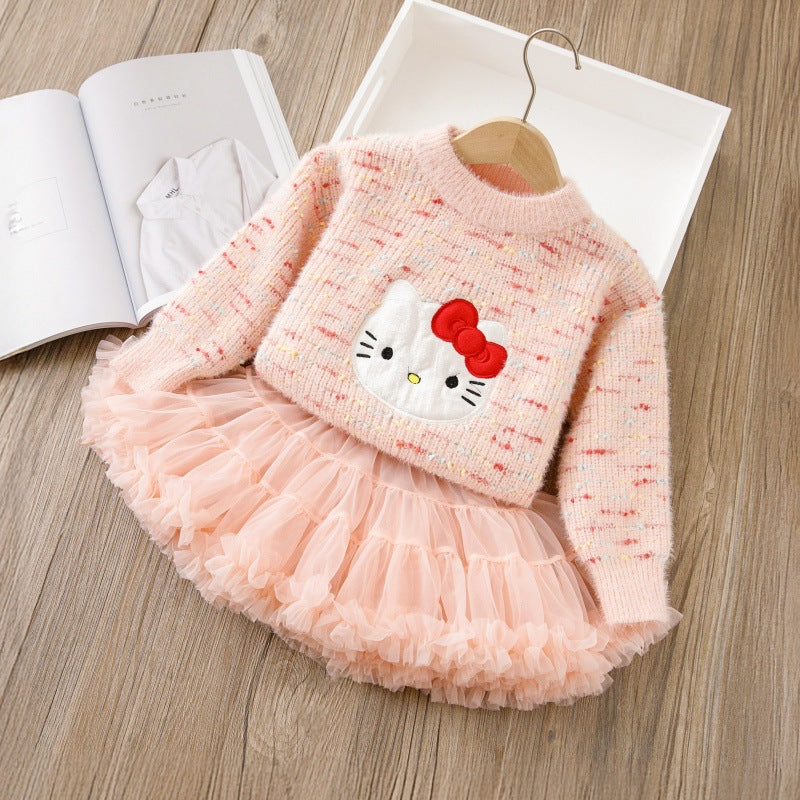 Girls' sweater cute cartoon cat fleece-lined thickened princess dress two-piece set puffy skirt autumn and winter new arrival outfit