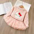 Girls' sweater cute cartoon cat fleece-lined thickened princess dress two-piece set puffy skirt autumn and winter new arrival outfit