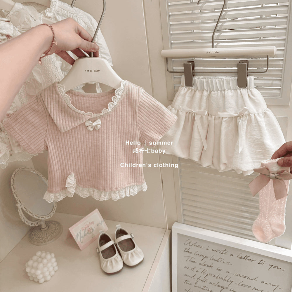 【dropshipping】girls' summer cute lace trim top sweet outfit  new style kids baby fashionable set