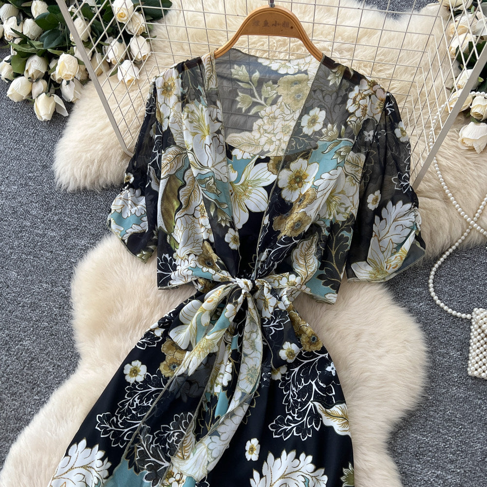 Commuter style v neckfloralsprintingtwo-piece set female autum light mature styleslimming look wide-leg jumpsuitelegantsuit