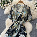 Commuter style v neckfloralsprintingtwo-piece set female autum light mature styleslimming look wide-leg jumpsuitelegantsuit