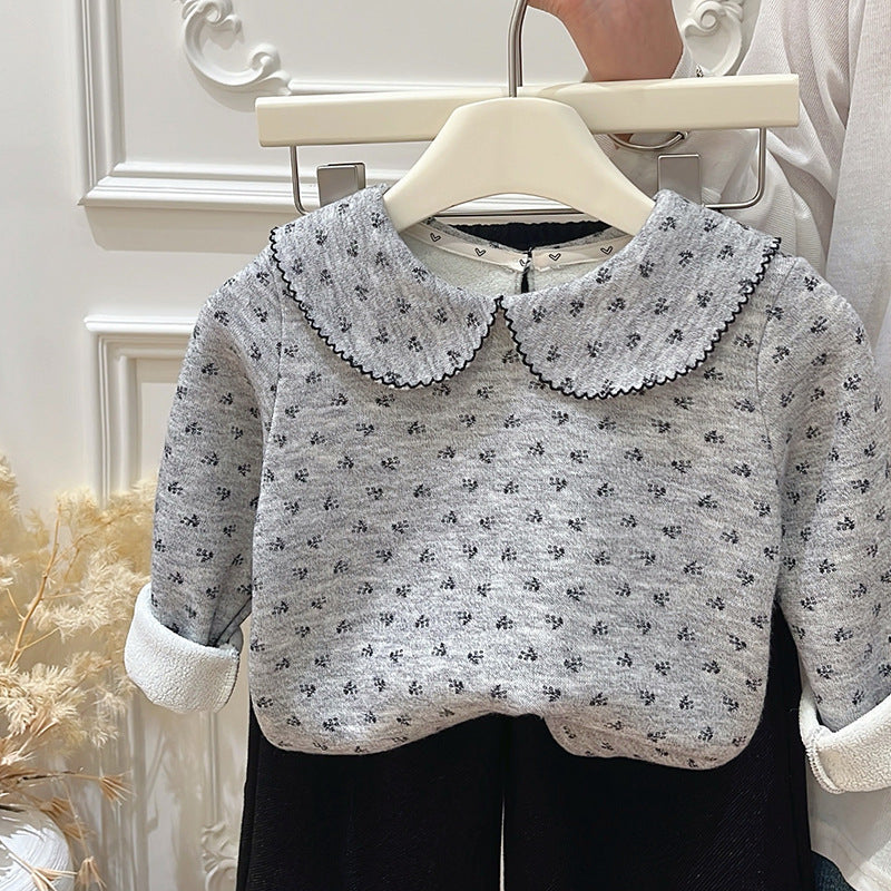 Girls' fall/winter new collection: fleece-lined floral print base layer top, perfect for early autumn outerwear. trendy autumn tops for girls, kids' clothing