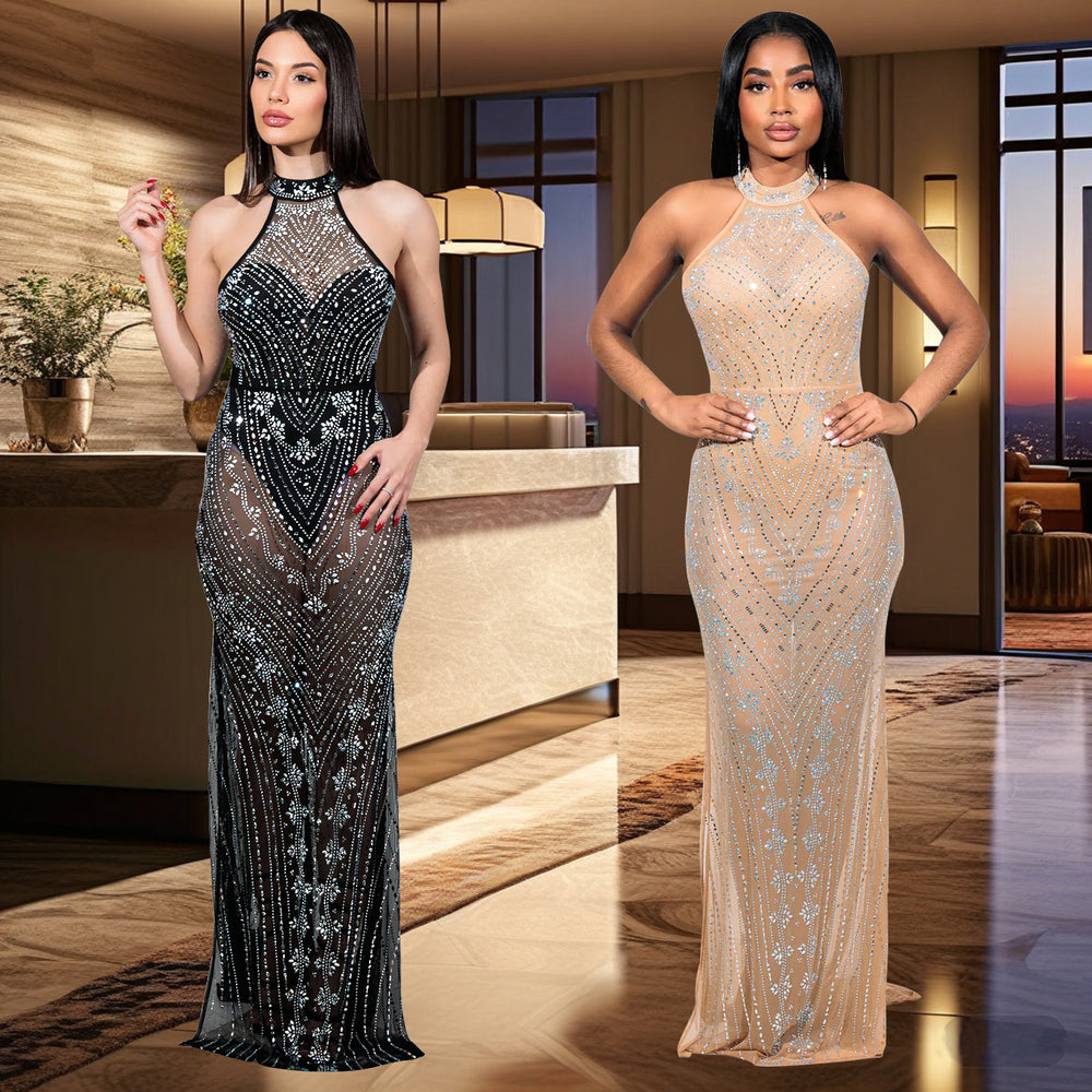 C6957 cross-border   fashion women's sexy mesh rhinestone halter bodycon dress