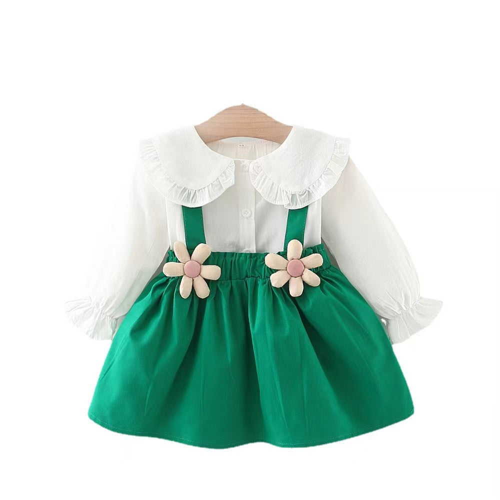 New autumn collection: girls' white blouse + suspender skirt two-piece set - little girl's long-sleeve dress outfit