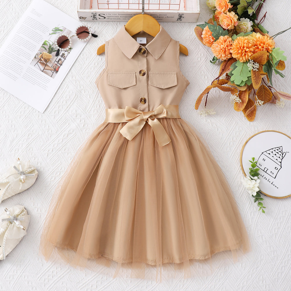 Girls' (sizes) solid color sleeveless turn-down collar mesh dress with woven belt