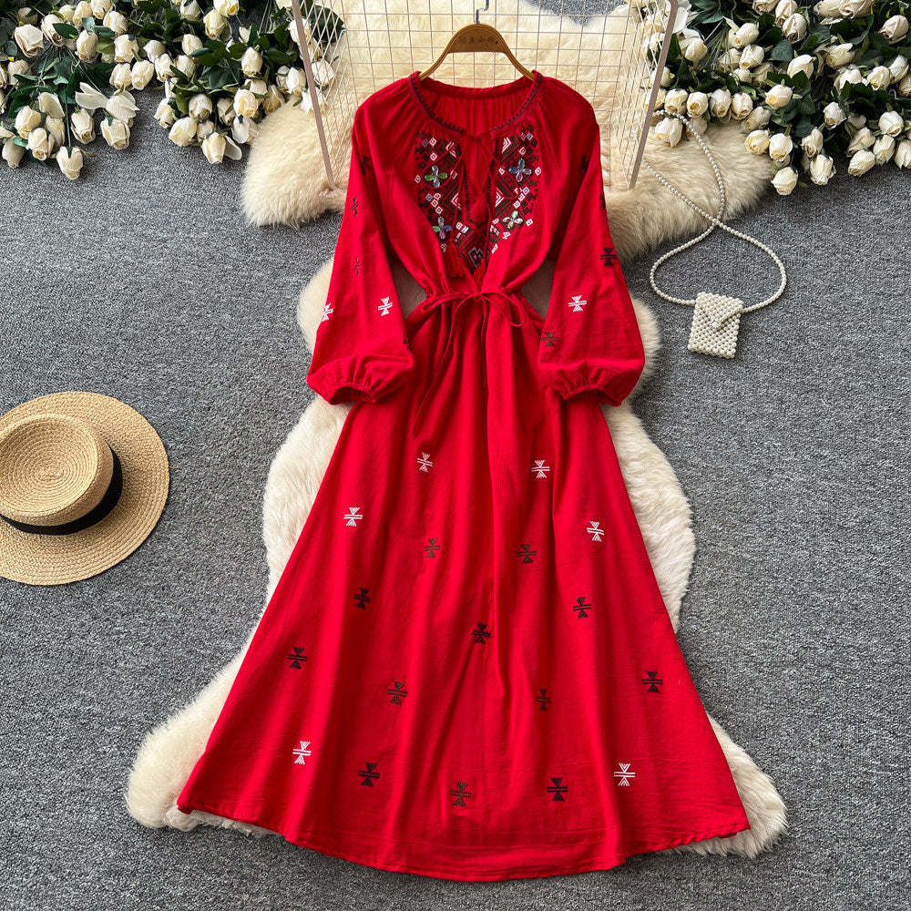 Ethnic style heavy industry embroider red dress women's summerk-stylelong sleeves waist slimming look a-line long skirt holiday style