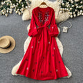 Ethnic style heavy industry embroider red dress women's summerk-stylelong sleeves waist slimming look a-line long skirt holiday style