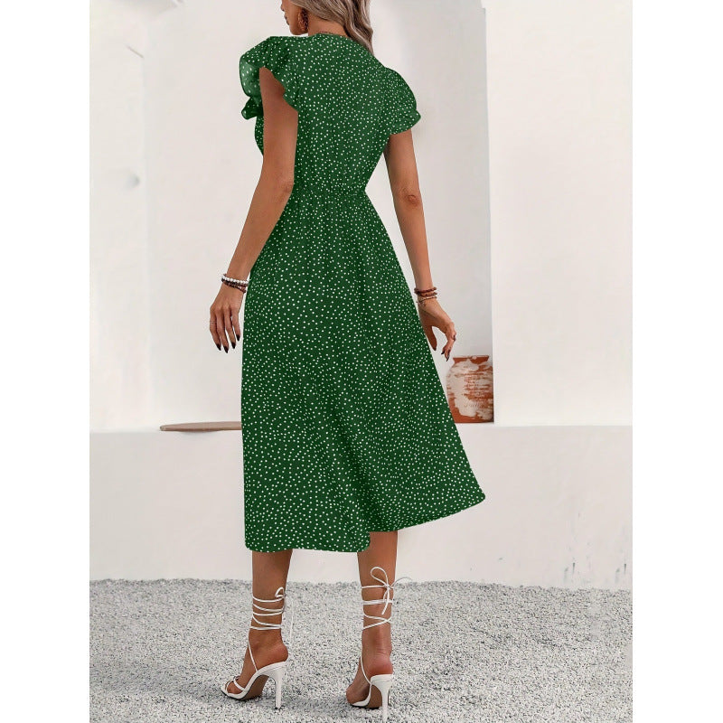 Shipped to europe and the united states women's clothing  fashion v neck buttons waist slimming look retro over-the-knee polka dot dress