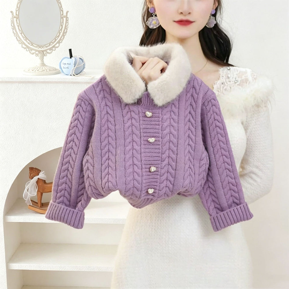 Girls' sweater set - new winter  collection: faux fur collar jacket & wool blend plaid skirt - trendy two-piece outfit