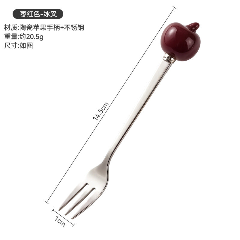 Colorful apple fork and spoon set - creative spoons with stainless steel and ceramic handles for fruit, coffee, cake, and desserts - wholesale