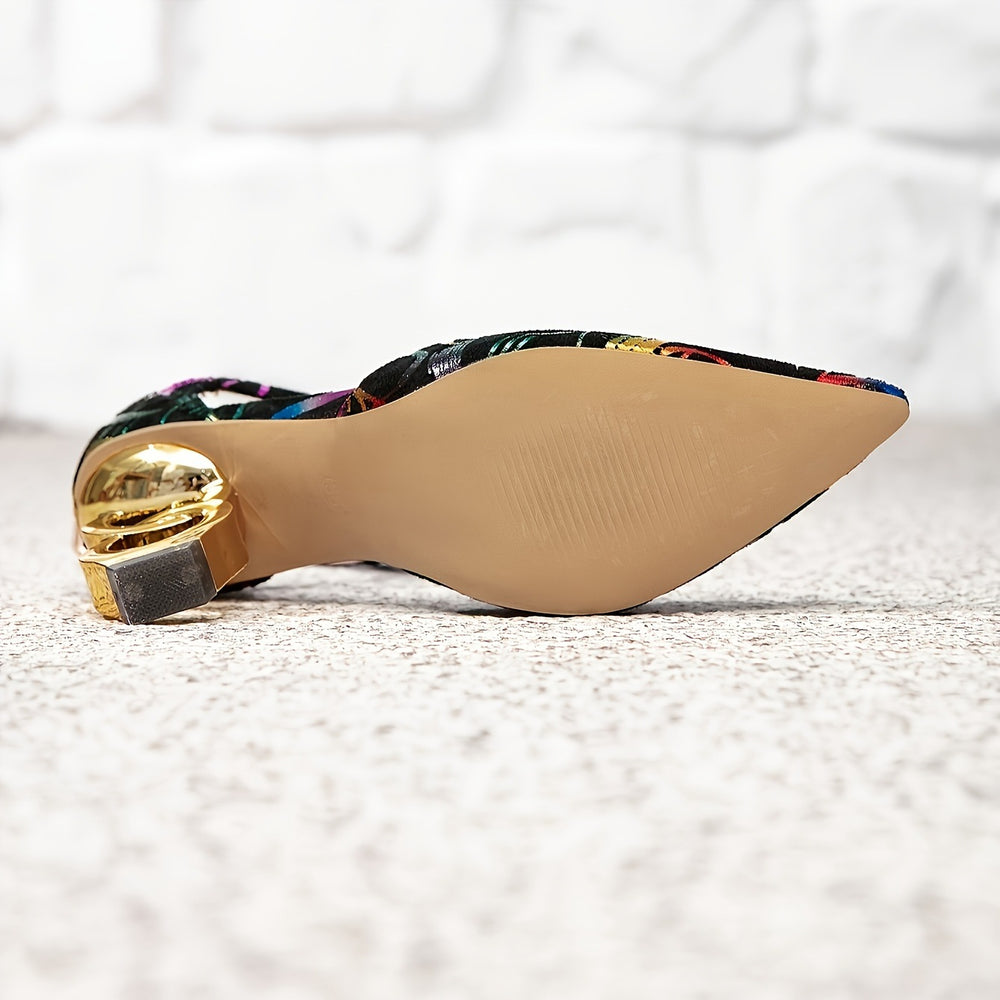 Exquisite black abstract print pointed-toe pumps with chic criss-cross ankle straps and sculptural gold ring heels