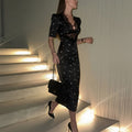 cross-border european and american women's summer fashion: new elegant satin lace patchwork v-neck hollow-out polka dot dress