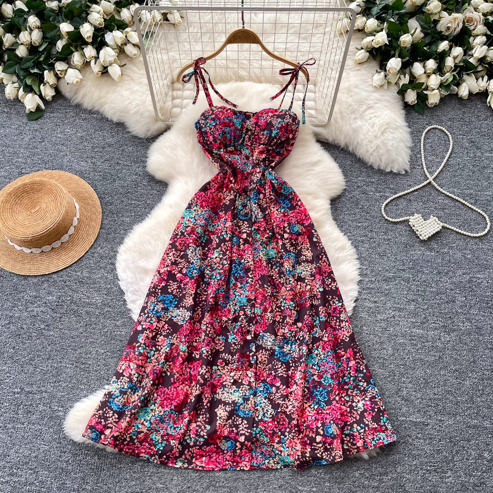 French-inspired floral print camisole dress for women, perfect for summer. korean style, sleeveless, high-waisted a-line silhouette, slimming and elegant maxi dress