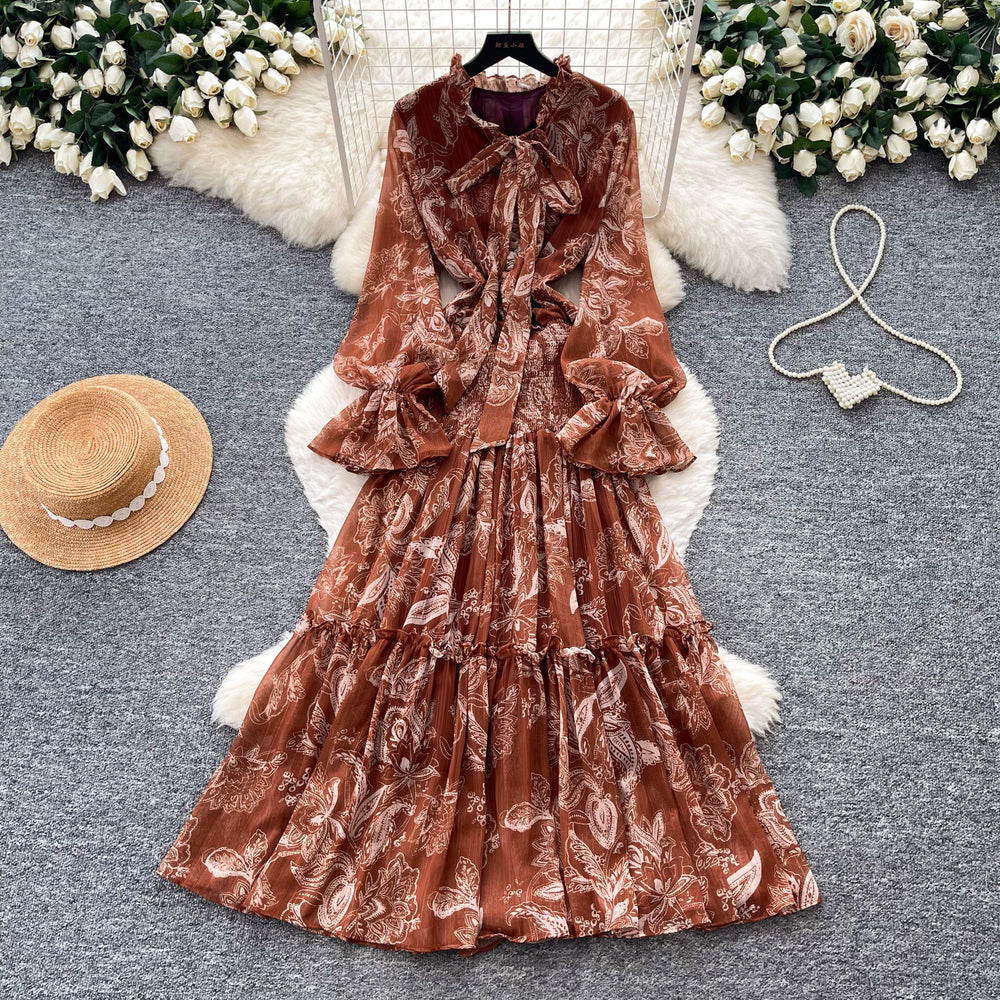 French chic bow print dress - women's spring/autumn long sleeve v-neck a-line maxi dress - slim fit & figure flattering