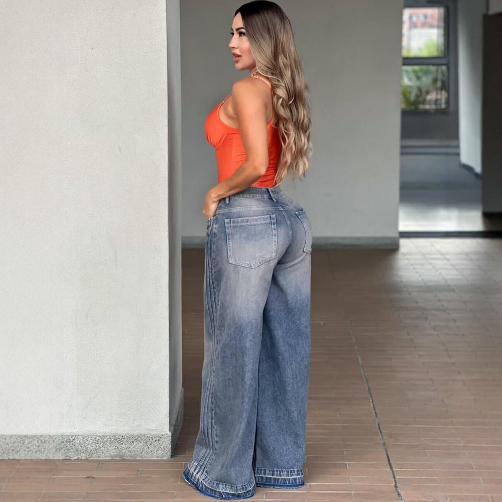 European and american style high-waisted wide-leg jeans -  cross-border summer new arrivals - women's side stripe straight-leg trousers