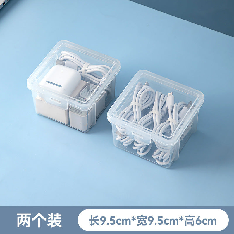 Desktop multi-functional sundries storage box, transparent plastic with cover, stackable accessories, earphone data cable storage box