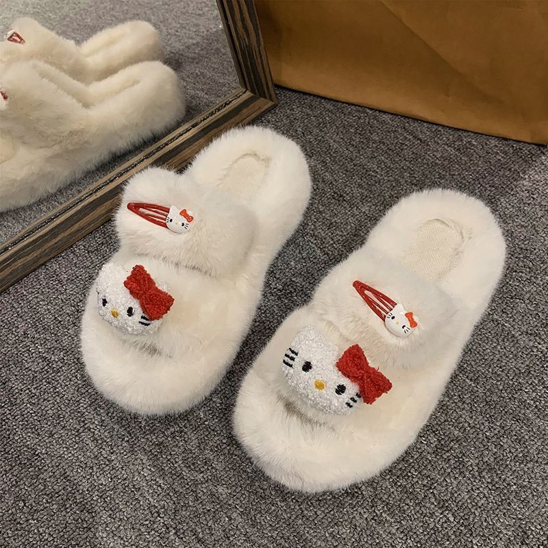 Women's fuzzy slippers - 2024 new fashion, versatile, cute, trendy, thick-soled, non-slip, home cotton slippers, thong sandals