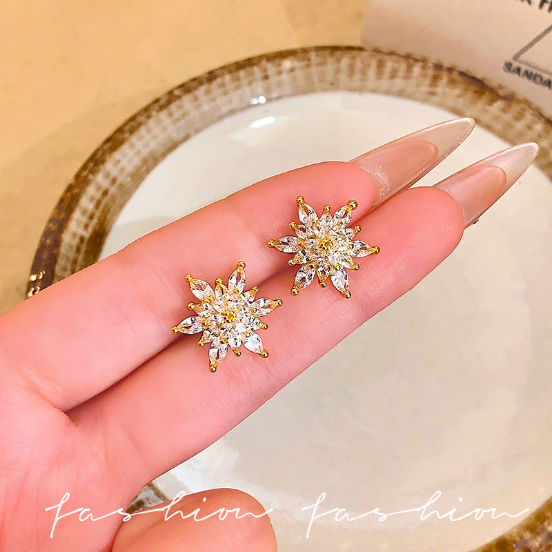 S925 sterling silver needle white zircon flower stud earrings - women's trendy, luxury, unique design, elegant and chic earrings