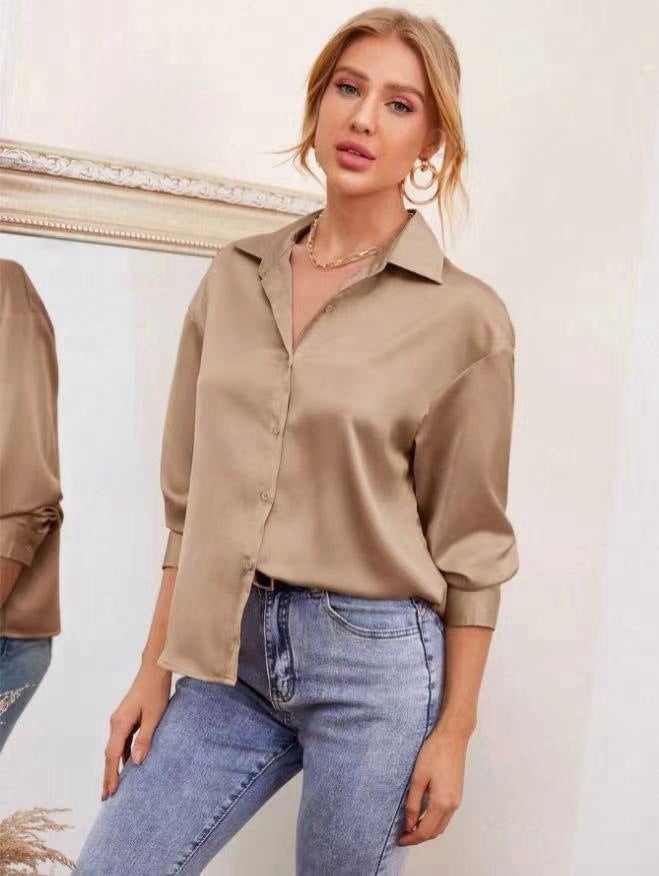 Women's cross-border e-commerce apparel:  spring/summer new arrivals -  satin comfortable casual long-sleeve shirt - in stock