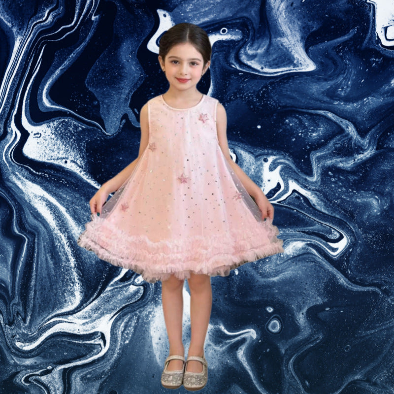 Girls' light blue star sequin sleeveless mesh princess dress - trendy summer kids' dress