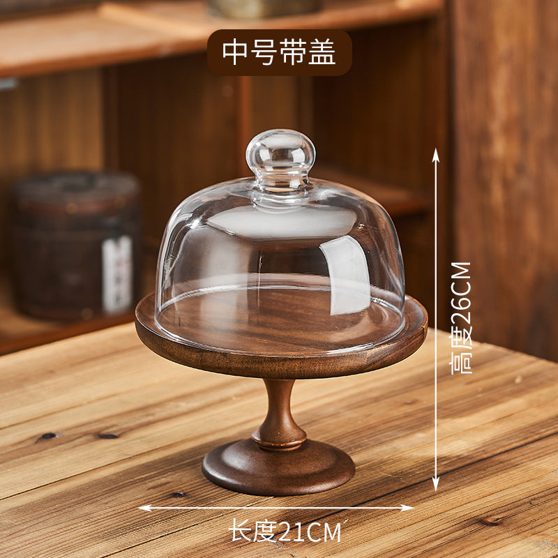 Vintage-style wooden cake stand with glass dome lid - perfect for cakes, bread, desserts, fruits, and tea pastries (2026 collection)