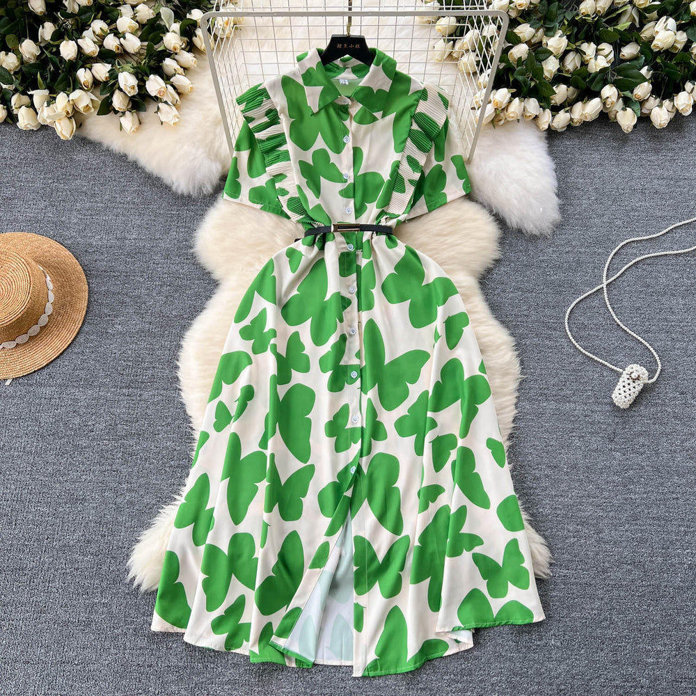 Sophisticated niche women's dress -  summer new arrival: designer ruffle-trimmed, cinched-waist, printed elegant maxi dress
