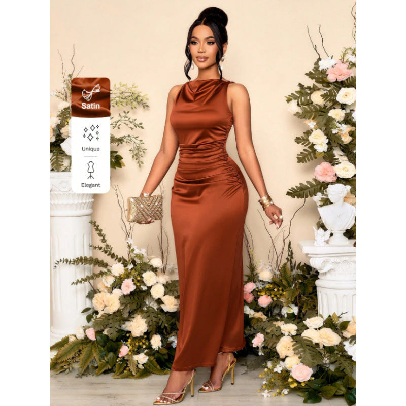 Shipped:  european and american cross-border women's summer new arrival - pleated satin sleeveless evening dress, party dress