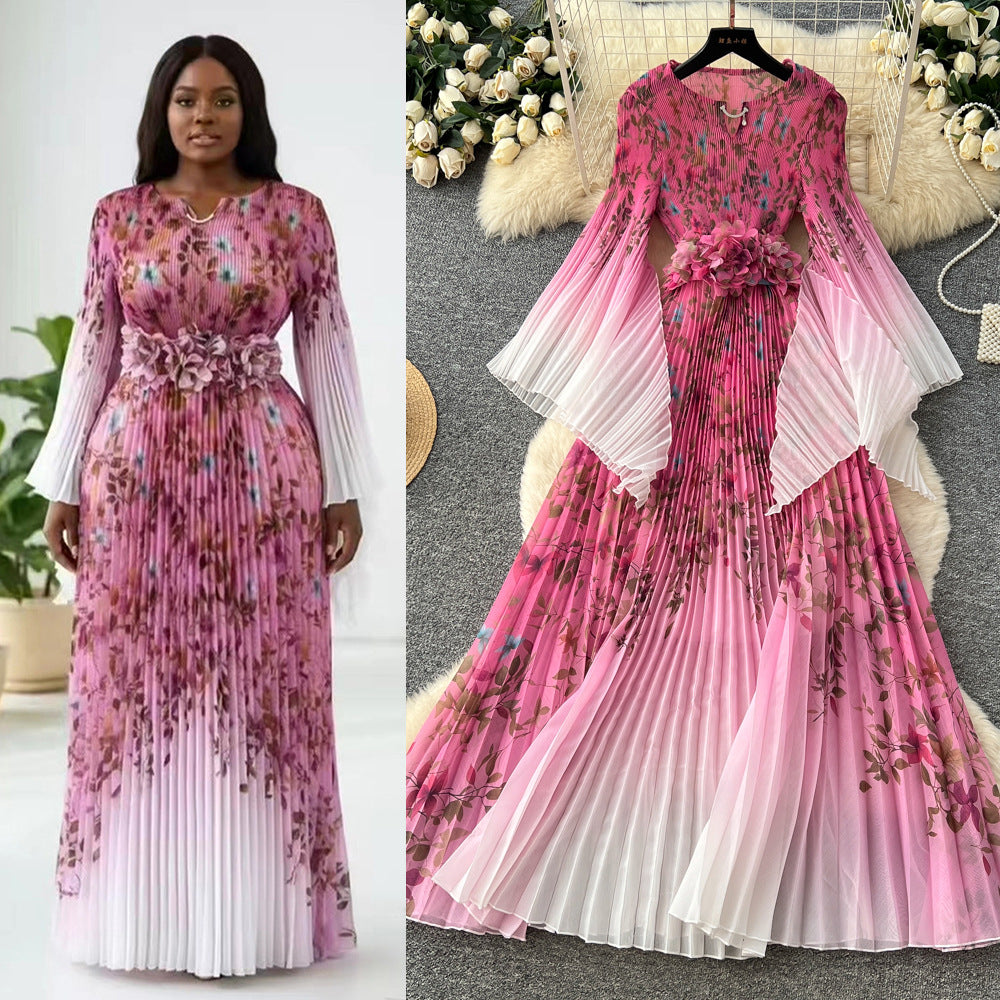 Elegant and stylish flared-sleeve printed dress for women, featuring a cinched waist, pleated detailing, batwing sleeves, and a full, flowing skirt. a sophisticated and versatile dress perfect for the office