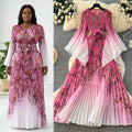 Elegant and stylish flared-sleeve printed dress for women, featuring a cinched waist, pleated detailing, batwing sleeves, and a full, flowing skirt. a sophisticated and versatile dress perfect for the office