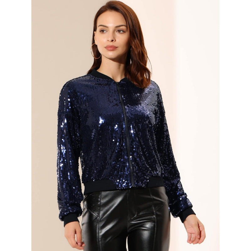 glitter sequin long sleeve bomber jacket women's  spring new design chic outerwear