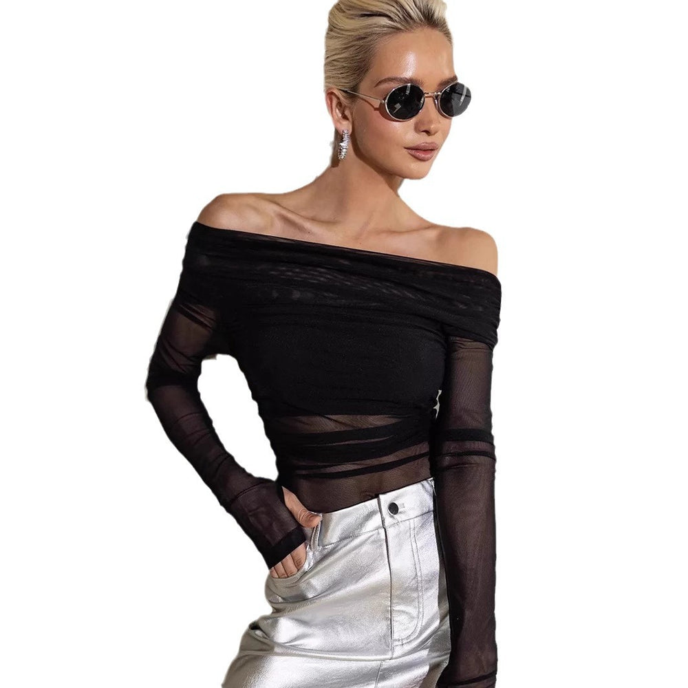 fall/winter new arrival: european and american style women's solid color slim-fit fashion one-shoulder mesh long sleeve top