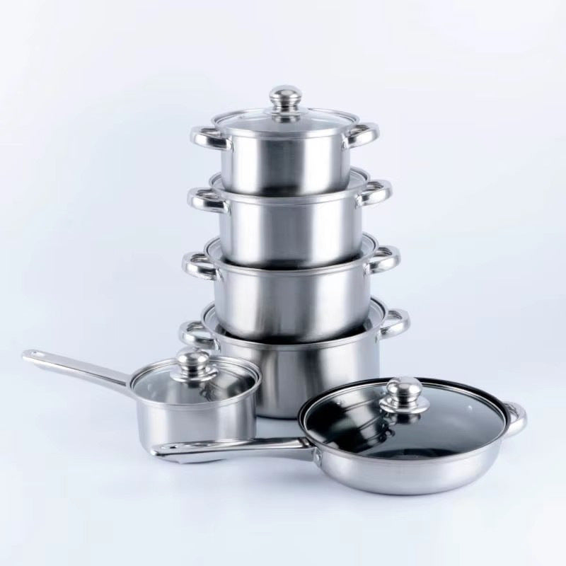 Customized 12-piece stainless steel cookware set - includes stockpots, frying pans, and stainless steel lids - wholesale cookware combo for home use