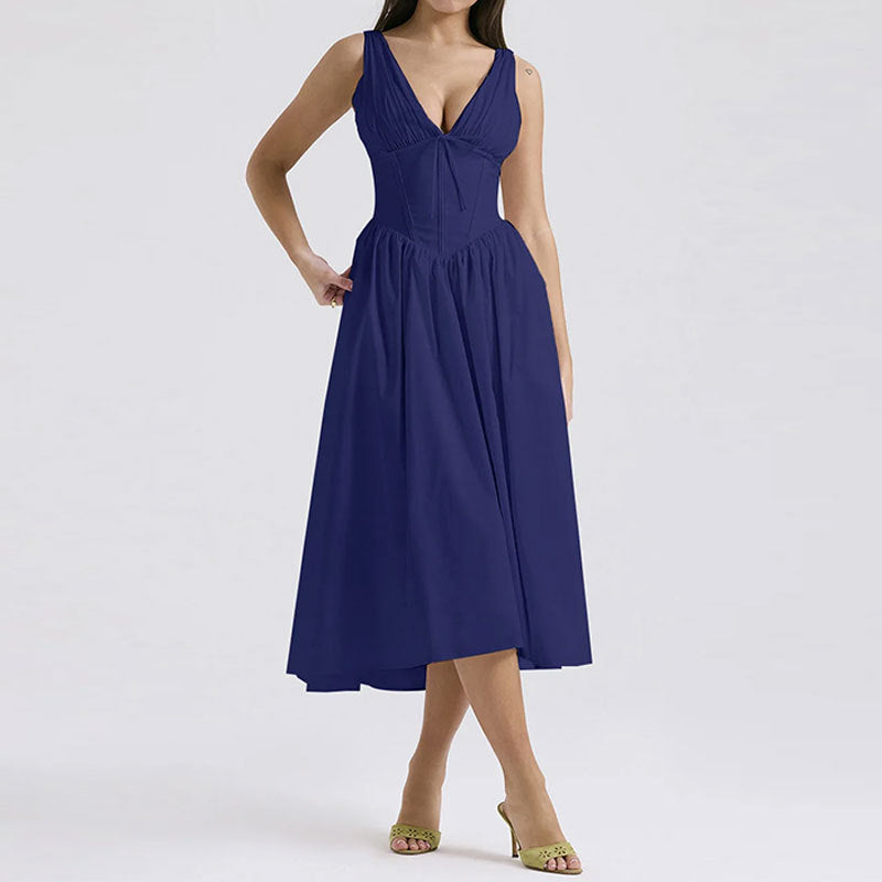summer new women's clothing  cross-border fashionable and elegant v-neck printed waist-cinching camisole dress