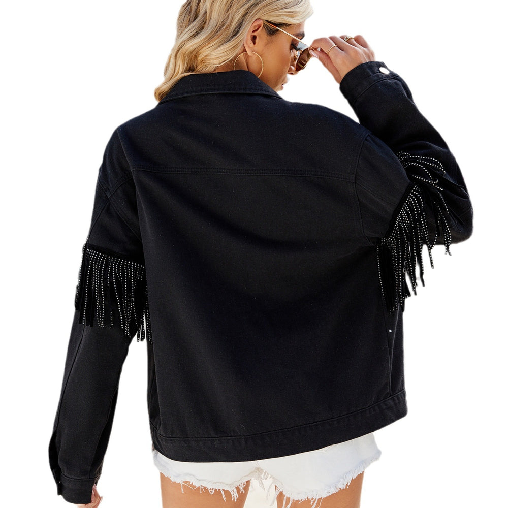 European and american cross-border women's fashion:  spring new arrivals -  independent store, washed denim jacket with rivets and tassels in black