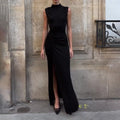 Aliexpress  cross-border e-commerce  autumn/winter new arrival: semi-high neck sleeveless cinched waist ruched slit maxi dress